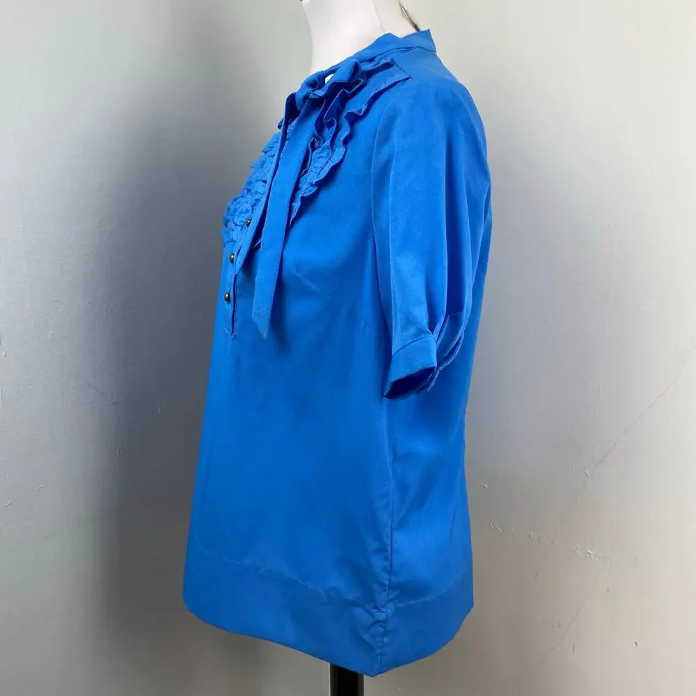 Tulip B Boutique Royal Blue Short Sleeve Ruffle Neck Tie Pussybow Blouse Large